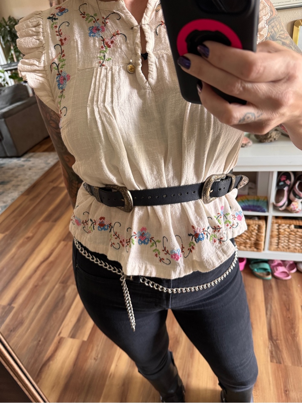 Black Leather Double Buckle Western-Style Belt Accent